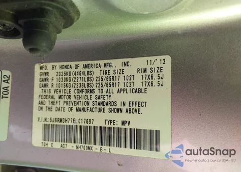 2014 Honda Cr-V Ex-L from USA, damaged, VIN 5J6RM3H77EL017697